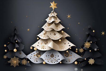 Paper art style luxurious Christmas tree layered background adorned with gold and silver ornaments. Generative Aiの素材