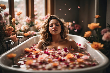 A beautiful woman relaxing in a bathtub filled with flower petals, emphasized self-care and pampering. Generative Aiの素材