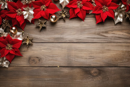 Flat lay composition with poinsettias and glitters, fur, red balls, stars decor on weathered rustic wooden table. Generative Aiの素材
