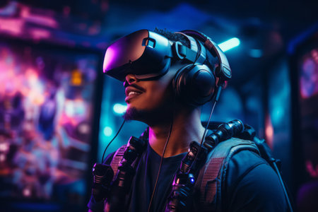 A Young gamer fully immersed in VR headset. Generative aiの素材