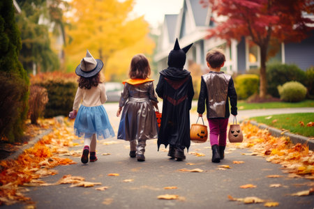 Playful children dressed in Halloween costumes with as they go door-to-door for candy. Generative AIの素材