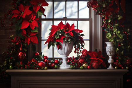 Showcasing poinsettias as part of holiday home decor, such as adorning mantels, windowsills, and staircases. Generative Aiの素材