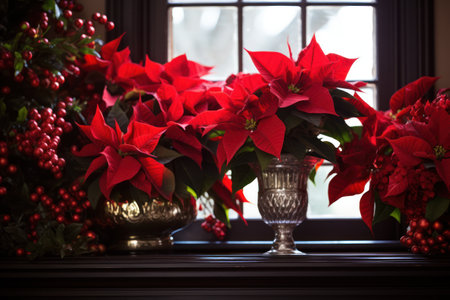 Showcasing poinsettias as part of holiday home decor, such as adorning mantels, windowsills, and staircases. Generative Aiの素材