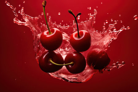Water splash on red cherrys over red background. Generative Aiの素材