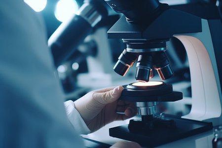 Scientist using microscope for research test in high tech medical laboratory. Generative AIの素材