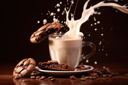Coffee with milk splash on chocolate cookies over brown background. Advertising idea. Generative Aiの素材