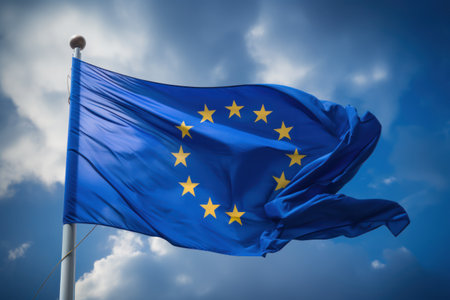 Satin European Union flag waving in the wind. Generative Aiの素材