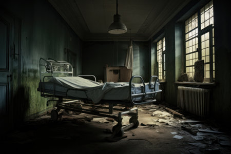 Mysterious Hospital gurneys inside spooky abandoned asylum. Generative AIの素材