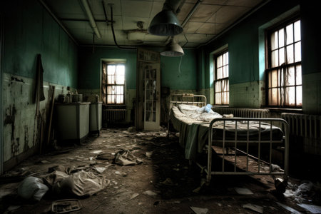 Mysterious Hospital gurneys inside spooky abandoned asylum. Generative AIの素材