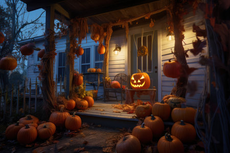 An outdoor porch or doorway decorated with fall foliage, carved pumpkins, orange string lights and scarecrows. Generative Aiの素材