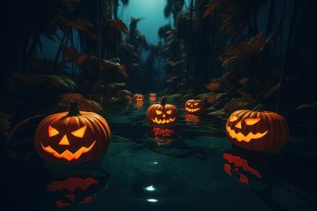 Jack-o-Lanterns floating in an above-ground swimming pool or tucked among bushes glowing softly at night. Generative Aiの素材