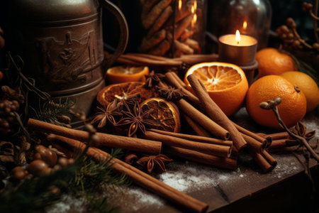 Warm winter spices like cinnamon sticks, nutmeg and oranges grouped with linen garlands and fur rosemary on fine olive wood. Generative Aiの素材