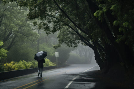 A hitchhiker standing in the rain, sheltered under a tree, highlighting the determination of those on a hitchhiking journey. Generative Aiの素材