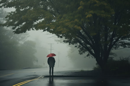 A hitchhiker standing in the rain, sheltered under a tree, highlighting the determination of those on a hitchhiking journey. Generative Aiの素材