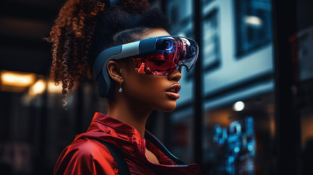 A close-up photo of a person wearing augmented reality glasses, receiving real-time information and assistance from an AI-powered virtual assistant. Generative AIの素材