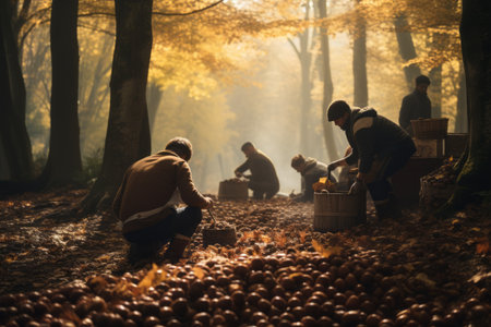 People gathering chestnuts in a picturesque orchard or forest during the autumn season. Generative Aiの素材