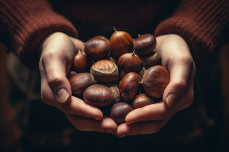 Womans hands holding a fresh chestnuts. Generative Aiの素材
