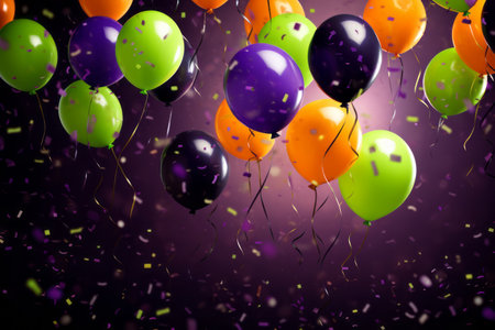 Halloween balloons lime, purple, black and orange among confetti on purple background. Generative Aiの素材