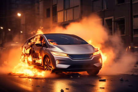 A dramatic scene in a city street, electric or hybrid no brand silver car is engulfed by intense orange flames from internal battery. Generative AIの素材