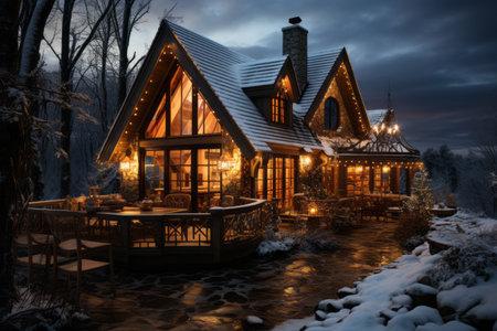 A snowy landscape with a charming cabin, softly lit lanterns, and a starry sky, creating a magical Christmas ambiance. Generative Aiの素材