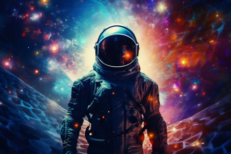 An astronaut in focus, with a softly blurred background of atom-inspired constellations and galaxies. Great for promoting space exploration missions and astronomy. Generative Aiの素材