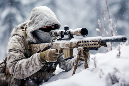 A scout sniper in cold-weather prepares his shot on target using a sniper rifle. Generative Aiの素材