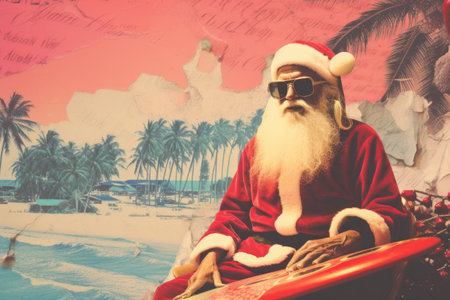 Collage of Santa Claus in retro vaporwave style with santa hat, glasses and surf boards, computer, palm trees on old newspaper background. Generative Aiの素材