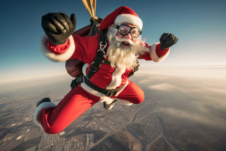 Santa Claus leaping from an airplane with a parachute, demonstrating his fearless approach to extreme sports.の素材