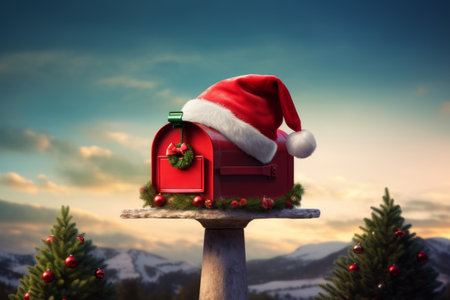 A mailbox with a Santa hat perched on top, symbolizing the holiday season and the anticipation of receiving packages and greetings.の素材