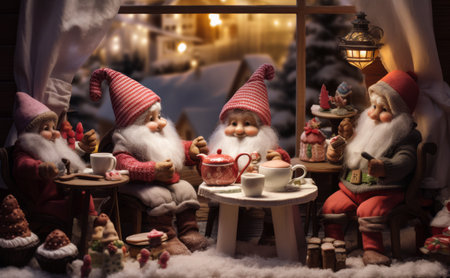 Gnomes gathered around a table, enjoying hot cocoa with marshmallows, cookies, and other winter treats in a cozy and inviting setting.の素材