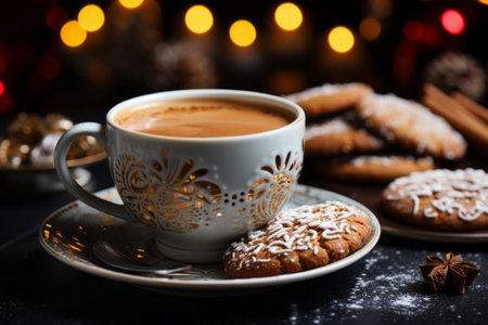 Christmas coffee cup and gingerbread cookies. Festive cozy image.の素材