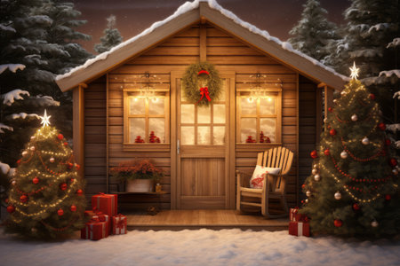 Facade of wooden cabin with lightened Christmas Tree in the foreground.の素材