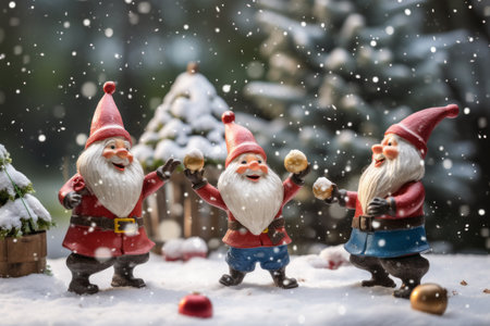 Playful gnomes engaged in a friendly snowball fight in a snowy garden, highlighting the lighthearted and whimsical side of Christmas celebrations.の素材