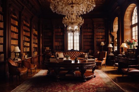 A gorgeously overflowing bookcase. The elegant mahogany shelves, with intricate carvings and a rich, polished finish, perfectly complement the impressive collection within.の素材