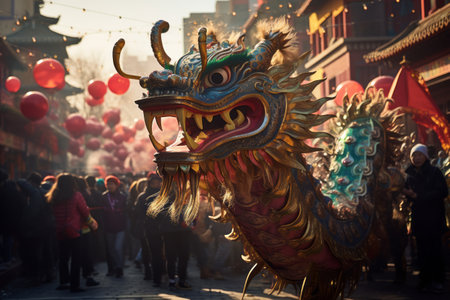 A festive image capturing a vibrant dragon parade during Chinese New Year celebrations, blending cultural tradition with the mythical dragon motif.の素材