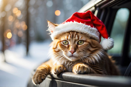 A joyfully ecstatic cat wearing a festive Santa Claus hat, sticking its head out of a moving car window, clearly reveling in the pure bliss of the moment.の素材
