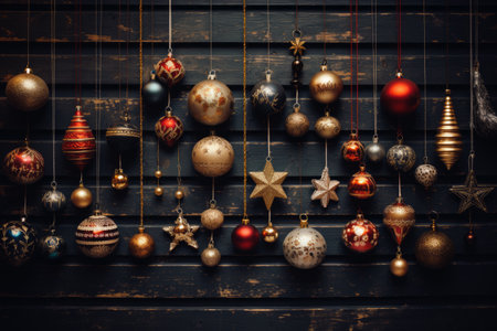 A collection of vintage Christmas ornaments, such as glass baubles, stars, and tinsel, arranged artistically against a rustic wooden background.の素材