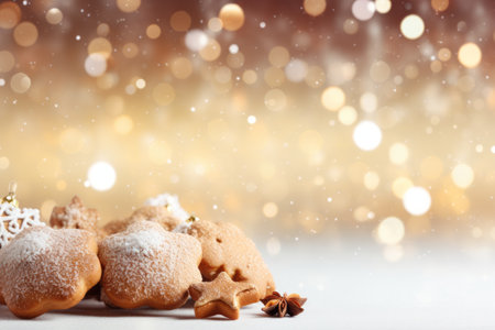Christmas background with gingerbread cookies and gold dust on a light background.の素材