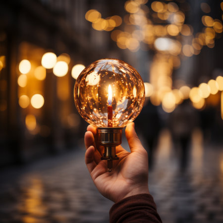 Hand holding a glowing Christmas warm light bulb on the street at the dusk.の素材