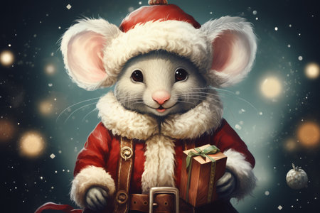 Digital illustration of cute mouse wearing Santa Claus Christmas costume on snowy background.の素材