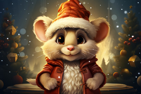 Digital illustration of cute mouse wearing Santa Claus Christmas costume on snowy background.の素材