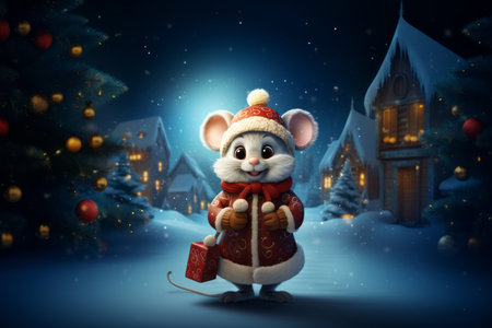 Digital illustration of cute mouse wearing Santa Claus Christmas costume on snowy background.の素材