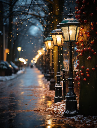 Festive street lamp wrapped in green and red Christmas lights, snowflakes falling, quaint town setting,の素材