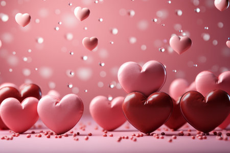A playful and vibrant image of heart-shaped confetti scattered across a soft pink background. Festive Valentine's Day mood concept.の素材
