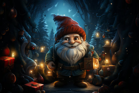 A cartoon illustration of a funny Christmas gnome surrounded by Christmas tree lights and giftsの素材
