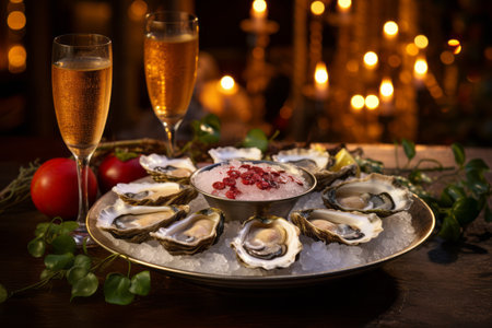 Close-up image of oysters paired with a glass of fine champagne, adorned with Christmas holly and twinkling lights in the background, creating a luxurious holiday moodの素材