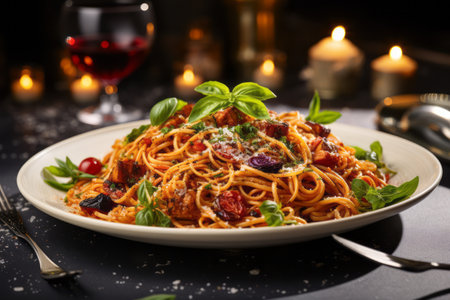 Pasta alla Norma, beautifully plated on a white dish, set against a light and airy kitchen backgroundの素材
