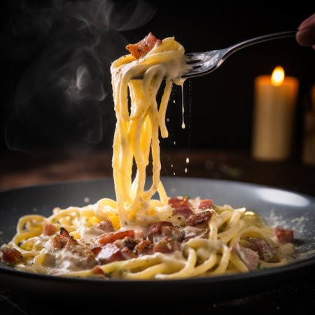 Close-up shot of a fork twirling Pasta Carbonara, pointing to the creamy sauce and al dente spaghetti, soft focus on the backgroundの素材