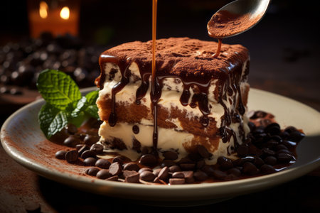 a classic tiramisu in a glass dish, layers of ladyfingers and mascarpone clearly visible, dusted with cocoa powderの素材