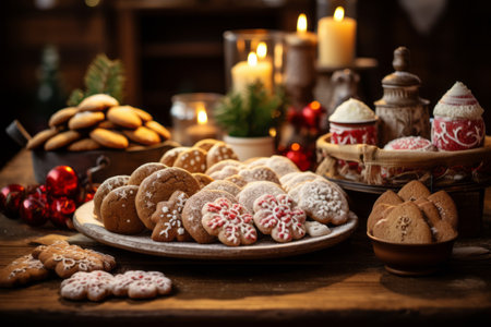 Close-up photo of traditional Saint Nicholas Day treats like gingerbread and marzipan, arranged festively on a wooden table, warm and homely ambianceの素材
